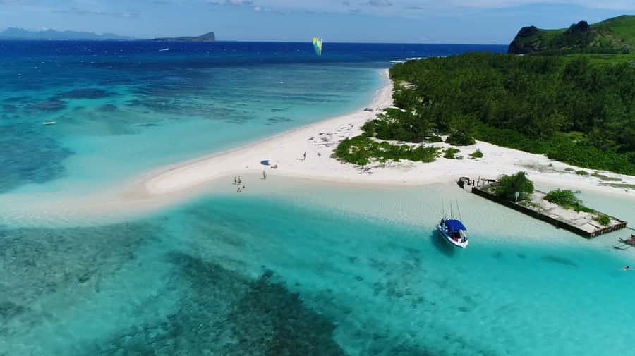 The reef and a sandbank in the lagoon off the north coast of Mauritius, from the air